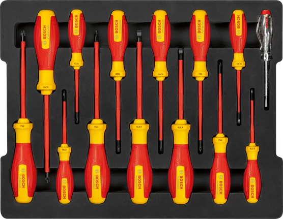 Juego mixto de destornilladores Bosch VDE, 14 piezas, en caja abierta.